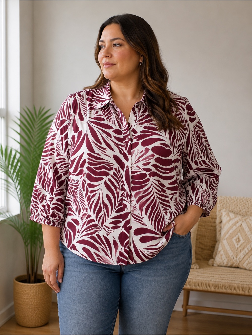 Unique Spectrum Burgundy and Cream Leaf-Print Button-Front Shirt